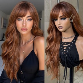 topshe Ombre Auburn Wig with Bangs Long Curly Wigs for Women Heat Resistant Synthetic Colored Wigs Natural Looking Wavy Hair 26 Inch Daily Party & Cosplay Use
