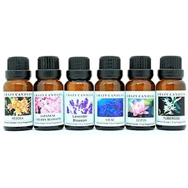 Crazy Candles 6 Bottles Set, 1 Freesia, 1 Japanese Cherry Blossom, 1 Lavender Blossom, 1 Lilac, 1 Lotus, 1 Tuberose 1/2 Fl Oz Each (15ml) Premium Fragrance Oils