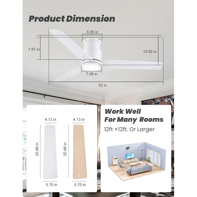 CJOY Ceiling Fan with Lights, 52 Inch Low Profile Ceiling