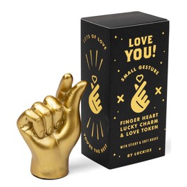 Luckies Golden Heart Fingers Lucky Charm - Pocket-Sized Gold Good Luck Token in Elegant Black & Gold Box - Solid Mini Statue - Unique Ring Holder - Novelty Gift, Room Decor or Desk Accessory
