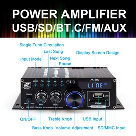 AK-380 - Amplificador Bluetooth con función de control remoto, amplificador Bluetooth 2.0 compatible con entrada Bluetooth/USB/AUX/RCA y función de radio FM (con fuente de alimentación CC de 12 V/5 A)