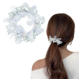 Organza Ribbon, Pearl Scrunchie, Blue, Hair Elastic, Optional, Gentle on Hair, High Elasticity, Stylish, Adult, Women, Hair Accessories, Mother's Day Gift