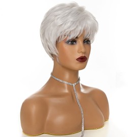 Ladies White Short Fluffy Curly Layered Wigs for Old Women Hair Heat Resistant Full Wigs Short Layer bangs Nature Hair (2 White)