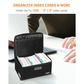 JUNDUN Index Card Holder with Lock,Collapsible Fireproof Index Card Box fits 1200 5x8-Inch Flash Cards - Business, Recipe, or Note Card Storage Boxes - Black
