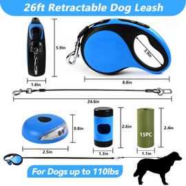 ODRIEW Heavy Duty Retractable Dog Leash for Large Dogs, 26ft with Chew Proof Cable, LED Light, Dispenser, 2 Poop Bags. 360° No Tangle, One Button Brake & Lock, for Dogs Up to 110Lbs. (Blue, 26ft)