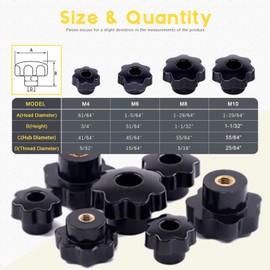 Mardatt Thru Hole Star Knobs Nuts Assortment Black Plastic Handle Clamping Knobs Brass Female Thread (Assorted Sizes x 32pcs)