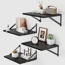 12 Inch Deep Floating Shelves for Wall, 16W x 12D Wide Black Floating Shelves Heavy Duty Wall Mounted Shelves, Wood Wall Shelves for Living Room Bedroom Bathroom Kitchen- Set of 4