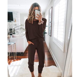 PRETTYGARDEN Women's 2025 Fall Two Piece Outfit Long Sleeve Crewneck Pullover Tops And Long Pants Tracksuit (Brown,Small)