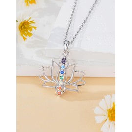 Dorunmo Lotus Chakra Necklace 925 Sterling Silver Yoga Lotus Pendant 7 Chakra Stone Bar Necklaces for Women Energy Balance Spiritual Jewelry Gifts