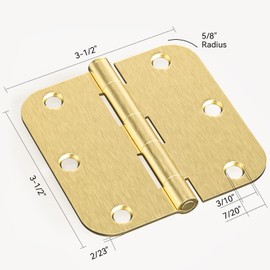 AmzGod Door Hinges Satin Brass - 6 Pack Gold Door Hinges 3.5 Inch Rounded Interior Door Hinge with 5/8" Radius - 3 1/2 Inches Brushed Brass Hinges for Residential Standard Doors