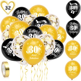 HOWAF Birthday Balloons, Pack of 30 Black and Gold 13/16/18/21/30/40/50/60/70/80 Birthday Decoration Balloons Latex Confetti Balloons & 2 Ribbons for Birthday Party Decorations