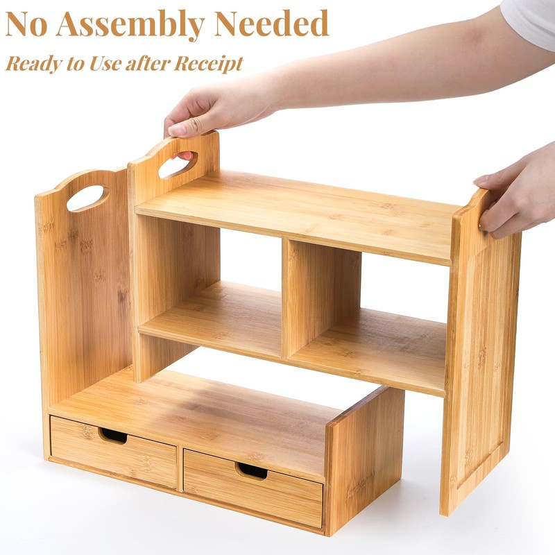 Eorbow Eorbow Bamboo Desktop Bookshelf, Expandable Counter Bookcase, Storage Shelves