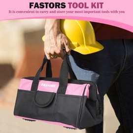 FASTORS Pink Tool Bag for Women With 13-Inch Wide Mouth Double Zippers,Tool Bag With 8 Pockets Outside and 2 Pockets Inside(PINK)