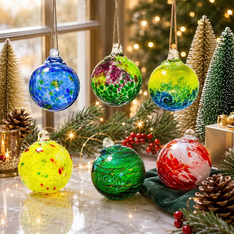 6 Pack Hand Blown Glass Christmas Ornaments