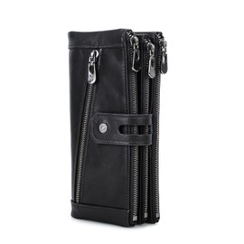 Contacts RFID Women Zipper Wallet Lady Card Coin Holder Phone Clutch Purse Genuine Leather, black, Retro