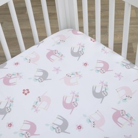 Little Love by NoJo Tropical Garden Pink, Grey, and White Sloth Super Soft Fitted Crib Sheet