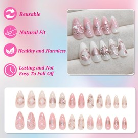Pink French Tip Press on Nails with Charms Medium Almond Fake Nails with 3D Pearl Rhinestones Designs Cute Bow Acrylic Full Cover Glossy Stick on False Nails Manicure Kits for Women 24Pcs