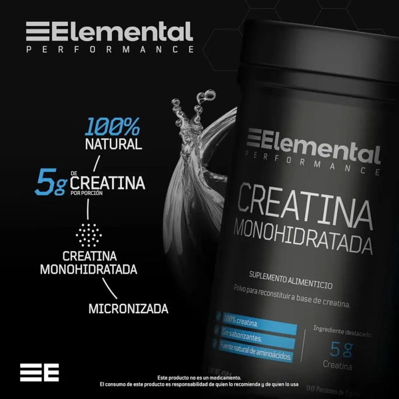 Elemental Creatina Monohidratada Micronizada 450g 90 porciones | Hecha por
