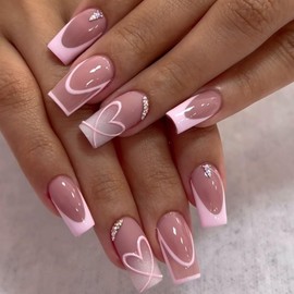 24Pcs French Tip Press on Nails Medium Long Square Fake Nails Pink Heart French Lines with Rhinestones Glitter Full Cover Tip Glue on Nails Designs Cute False Nails for Women Daily Wear Manicure