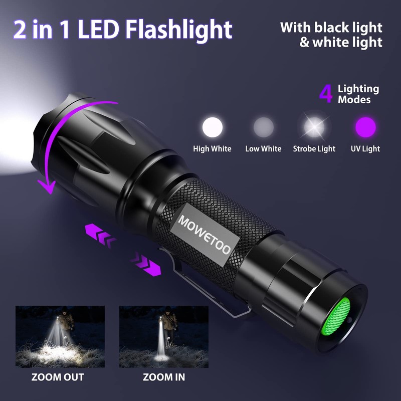 MOWETOO UV Flashlight, Portable Blacklight Flashlight, LED Torch with White