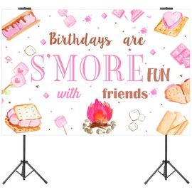 Jollyboom S’mores Party Decorations for Girls, Pink Camping Birthday Backdrop Birthdays Are S’more Fun with Friends Backdrop Banner Photography Background for Girl Camping Campfire Birthday Party
