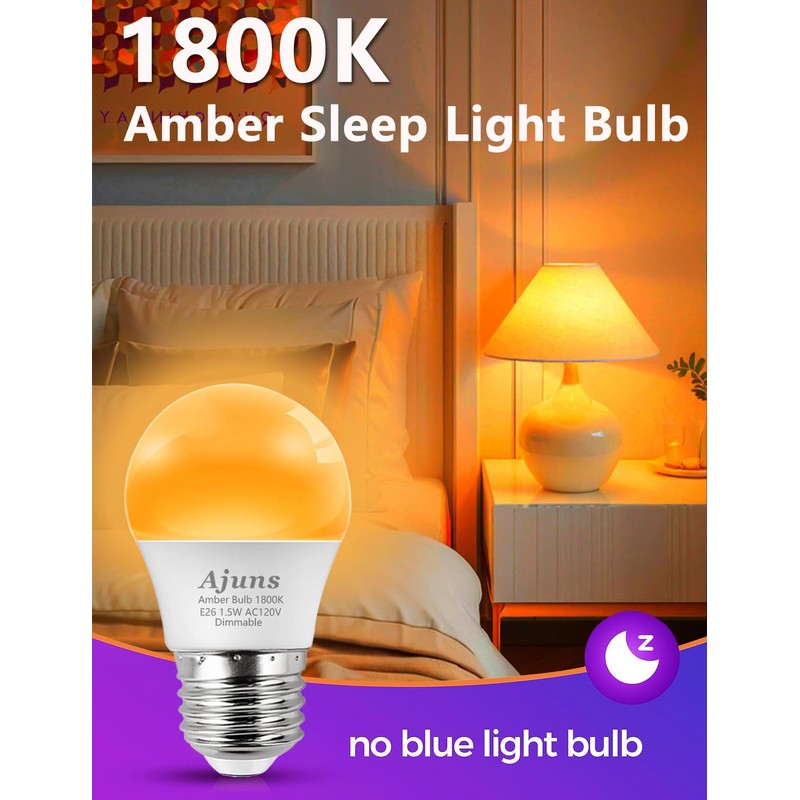 Amber Sleep Light Bulb Dimmable, Blue Light Blocking, A15 E26