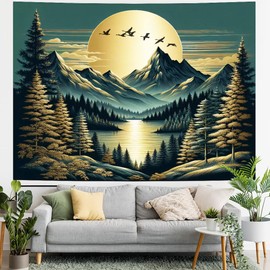 Generleo Mountain Moon Tapestry Forest Tree Tapestry Nature Landscape Tapestry Magical River Tapestry Vintage Aesthetic Tapestry Wall Hanging for Bedroom