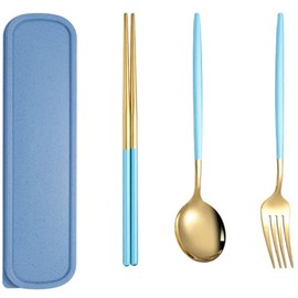 KALOLINNA Cutlery Set, Stainless Steel, Chopsticks, Spoon, Fork, 3-piece Set, with Case, Tableware Set, Lightweight, For Work Commutes, School, Excursions, Portable, For Lunch Boxes, Camping (Blue,