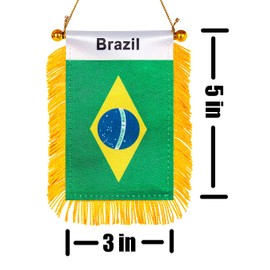 ZXvZYT 3 X 5 Inch Brazil Window Hanging Flag Brazilian Small Mini Car Flags Banners Rearview Mirror Decoration - with Suction Cup & Golden Fringy Banner(2 Pack)