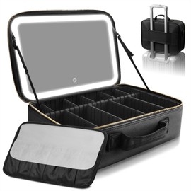 Upgraded Large Travel Makeup Bag with LED Mirror, 15” Professional Makeup Case with 3 Color Modes Dimming Lighted Mirror, Light up Cosmetic Make up Organizer with PU Leather Cover, Adjustable Dividers