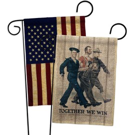 Navy Together We Win Burlap Garden Flags Pack Armed Forces USN Seabee United State American Military Veteran Retire USA Vintage Applique Small Gift Yard House Banner Double-Sided Made In 13 X 18.5