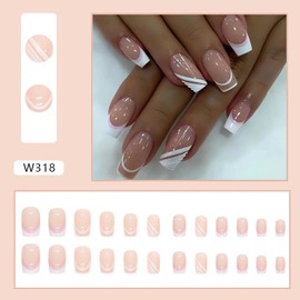 French Tip Press on Nails Medium Square Fake Nails Sweet White Nail Tips Designs Full Cover Square Shape False Nails Nude Acrylic Glue on Nails Medium Length for Women Girls, 24PCS