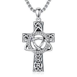 PDTJMTG Irish Cross Necklace for Men Sterling Silver Celtic Knot Cross Pendant with 22”+2” Stainless Steel Chain Shamrock Tree fo Life Gift for Men Women (06-Celtic Trinity Knot)