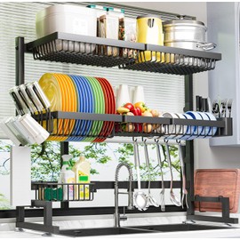 ADBIU Over The Sink Dish Drying Rack (Expandable Height and Length) Snap-On Design 2 Tier Large Dish Rack 31-39.4L x 12W x 34-38H inches