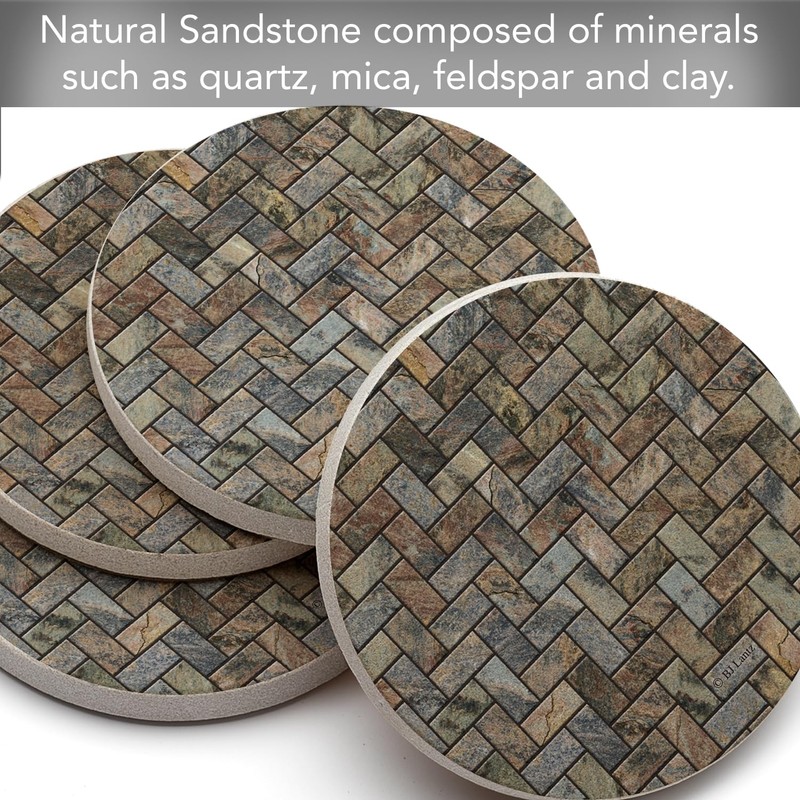 Thirstystone Stone Herringbone Pattern Natural Sandstone Coaster 4 Pack Eco-Friendly,