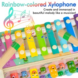 Amtreen 6 in 1 Wooden Montessori Toys for 1 Year Old Hammering Pounding Toys Whack a Mole Game with Xylophone Carrot Harvest Game Learning Developmental Toys Toddler Gift Girl Boy Toys Age 1 2 3-Pink