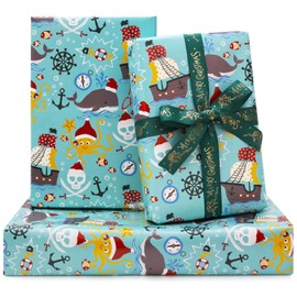Christmas Pirate Wrapping Paper, Cool Ocean Pirates Life Treasure Ship Island Octupus Whale Xmas Wrapping Paper with Green Ribbon, 6 Folded Sheets 28x20 Inches for Kids Boys Girls Christmas Holiday