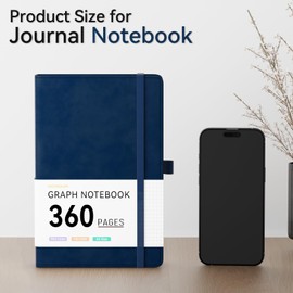 NORDUN 360 Pages A5 Graph Notebook,Leather Hardcover with Sticky Notes&Inner Pocket，100gsm Thick Paper Squared Journals Notebook for Men Women Writing School,Office,Home,14.5 x 21cm - Dark Blue