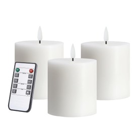 volnyus White Flameless Candles Set of 3 (3x3 inch) Real Wax Flickering LED Candles Battery Operated with Remote Control Timers for Fireplace Bedroom Livingroom Party Dimmable Pillars Flat top