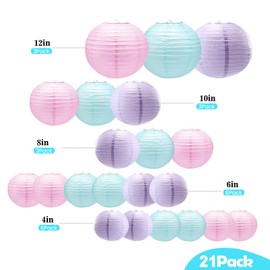 Mermaid Party Paper Lanterns,21Pcs 4"6"8"10"12" Hanging Round Blue Pink Purple Lanterns Party Decorations with Tape and String for Mermaid Theme Girl Wedding Birthday Decor(Blue Pink Purple 21pack)