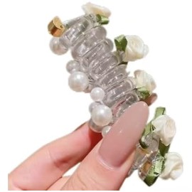 Flower Telephone Wire Hair Bands Rose Flower Hair Ties with Pearls Floral Spiral Hair Ties Flower Pearl Ponytail (White rose)