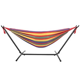 9ft Double Cotton Portable Hammock with Stand, Heavy Duty Space Saving Steel Pipes Hammocks, Stands & Accessories - (450 lb Capacity) (Four Red Strip-Hammock Red Rope) - Amacas para Patios
