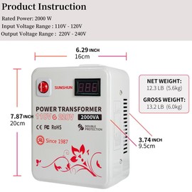 SUNSHUN 110v to 220v Converter, 2000W Step Up Transformer 110v To 220v With Voltage Display For 220/240 Volt European Asian Appliances Used In US