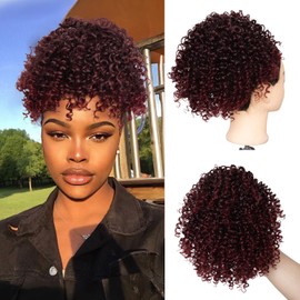 Jolelyne Red Ponytail Extension,Short Afro Kinky Curly Burgundy Drawstring Ponytail for Black Women Synthetic Ombre Red Curly Ponytail Extension Drawstring Messy Bun Hair Piece for Women