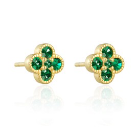 Emerald Green Gem Stud Earrings Gold Plated 925 Sterling Silver Fould Leaf Clover Designs with Diamond Charms Crystal Natural Gemstone Studs Earring for Women