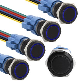 STARELO 5pcs 19mm Latching led Push Button Switch Black Shell, IP65 Waterproof Push Button Switch,1NO 1 NC with Wire Socket Plug,Self-Locking with LED(Blue).