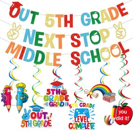 Out 5th Grade Banner Next Stop Middle School Banner Elementary School Graduation Decorations 5th Grade Graduation Banner for Class of 2024 Graduation Party Decoration