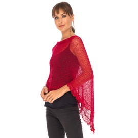 SHU-SHI Womens Sheer Poncho Shrug Lightweight Knit Ruffle Sweater Top Red