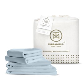 Threadmill 100% Organic Cotton Sheet Set - Full, 4 Piece, Light Blue - GOTS Certified - Lightweight and Cooling Sheets with All-Around Elastic for Fitted Sheet Upto 16" Deep Pocket