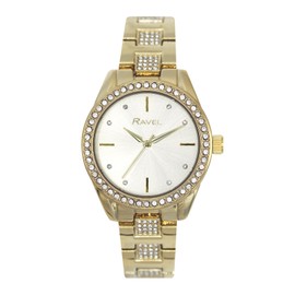 Ravel Plus - Women's 34mm Round Cased Stone Set Bracelet Watch - 3ATM - Japanese Analogue Quartz - RPJ-005L - Gold Tone
